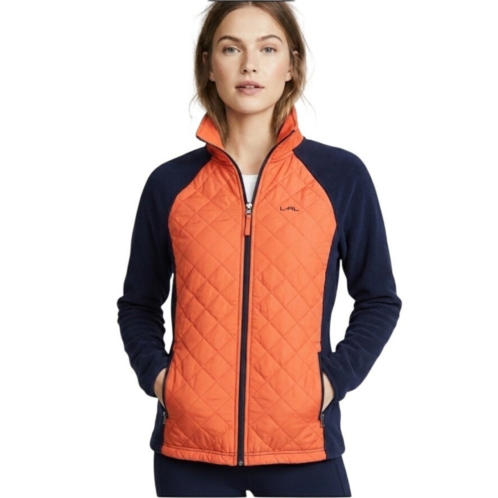 L RL Ralph Lauren Small Active Quilted Fleece Jacket Orange Navy Blue Women's